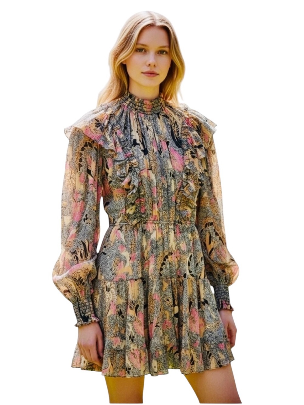 ULLA JOHNSON Vienne Ruffle High Neck Floral Puff Sleeve Boho Mini Dress